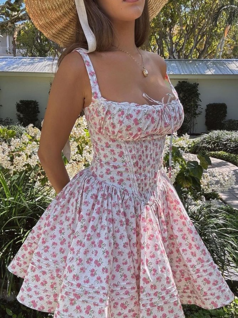 House of CB White Mini Dress with Pink Floral Print